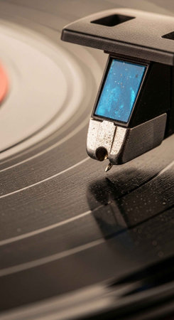 A close-up view of a vinyl record player's stylus and turntable in motionの写真素材