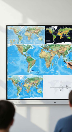Two people looking at a large screen displaying a world map in a modern room