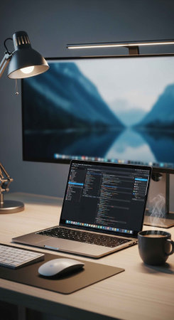 A modern workspace with a laptop and monitor on a wooden desk indoors