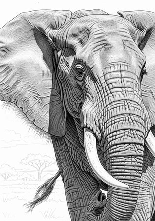 A detailed illustration of an elephant's face and upper body in a natural settingの写真素材