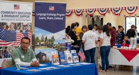 A man sits at a booth for a language exchange program at a community event