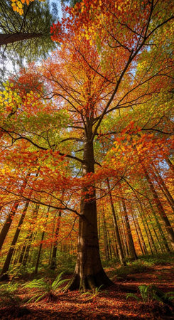A large tree with vibrant autumn leaves stands tall in a forestの写真素材