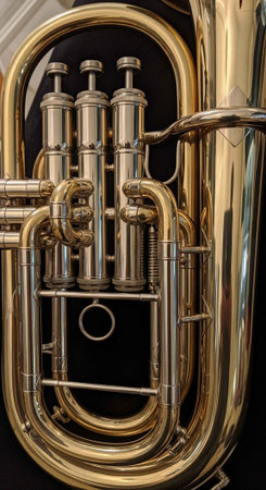 Detailed view of a brass euphonium's valves and tubing, showcasing intricate metalwork and polished finish.の写真素材
