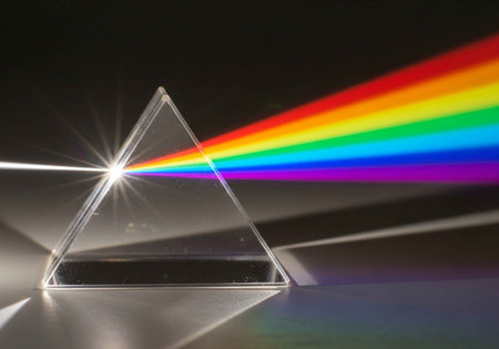 A triangular glass prism refracting white light into a vibrant rainbow spectrum against a dark background.の写真素材