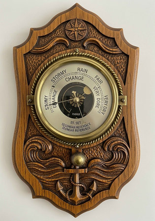 Intricate wooden barometer with nautical theme, featuring an anchor, compass rose, and weather indicators.の写真素材