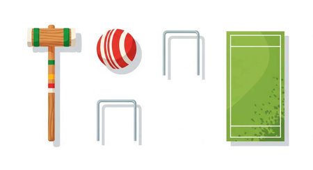 Illustration of a croquet set including a mallet, red and white striped ball, and metal hoops on a...