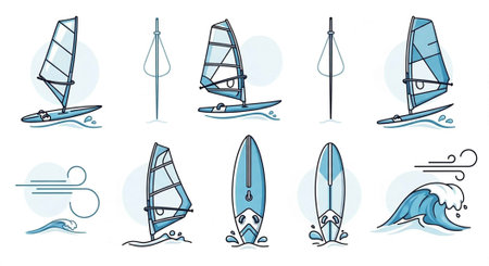 Colorful vector illustrations of windsurfing boards, sails, and waves in a playful style.の写真素材