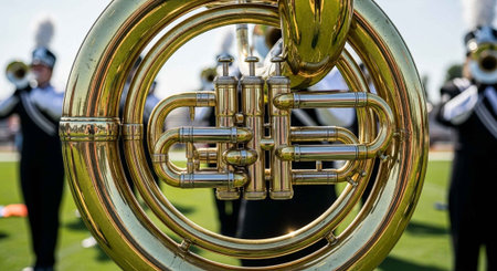 Detailed view of a polished brass euphonium with visible valves, played by a musician in a marching...
