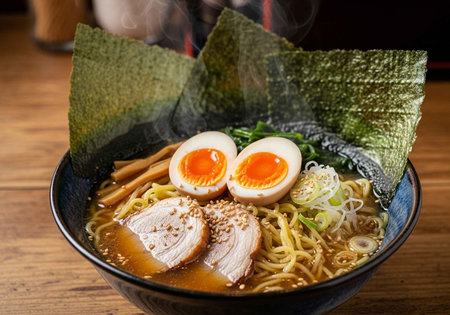 A close-up of a ramen bowl with noodles, soft-boiled eggs, sliced pork, green onions, and nori...