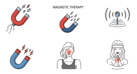 Line art depicting magnetic therapy, energy waves, and people experiencing treatment.