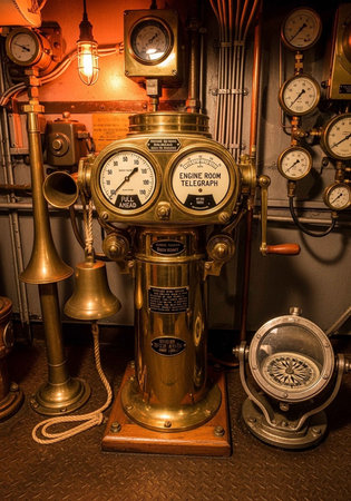 Close-up of vintage brass engine room telegraph with gauges, dials, and a brass bell in an...