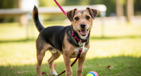 A joyful terrier mix dog on a pink leash playing with a ball in a grassy park.