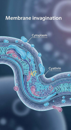 Close-up 3D rendering of membrane invagination showing cytoplasm and cyathrin.