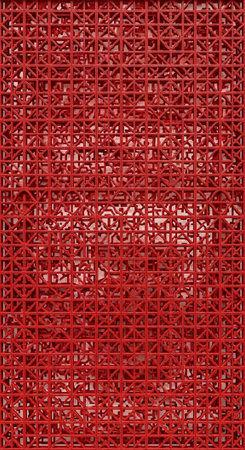 A detailed red lattice pattern on a textured, woven surface with a repeating geometric design.
