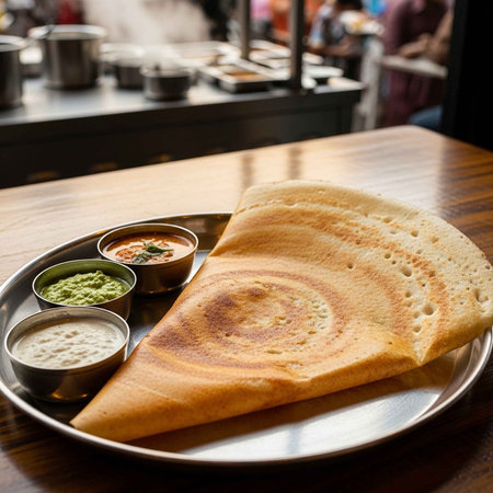 A crispy dosa with three side dishes in small bowls on a metal plate in a restaurant setting.