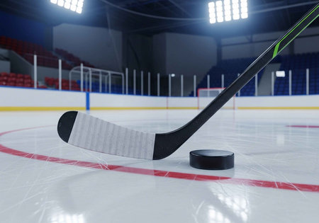 Close-up of a hockey stick and puck on an ice rink, with goal posts in the background.