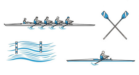 Line art depicting rowing scenes, including team and single sculling with oars and water waves.