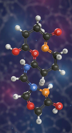 Detailed 3D rendering of a complex molecule featuring phosphorus, oxygen, nitrogen, and hydrogen...