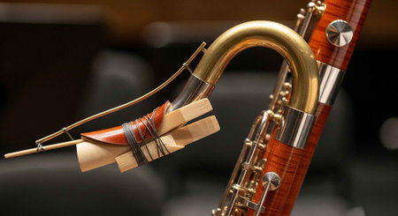 Detailed view of a wooden clarinet with a brass key, reed, and ligature.