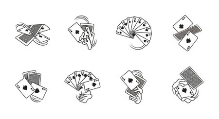 Line art depicting playing cards in different styles and arrangements, including hands and spreads.