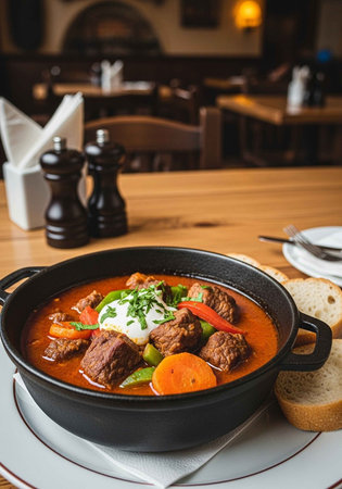 A rich beef stew with meat, carrots, and peas in a black pot, garnished with sour cream and herbs, served with bread.の写真素材