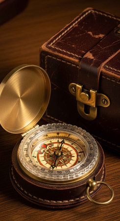 An open antique brass compass with a leather case on a wooden background.