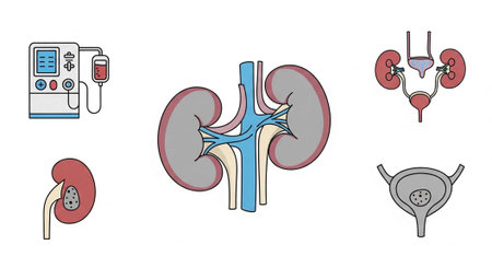 Diagram of kidneys, dialysis machine, and urinary system components.