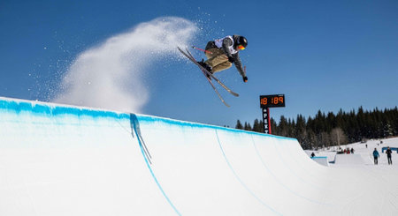 A skier performing a jump on a snow ramp, mid-air with skis crossed, snow spraying, and a scoreboard...