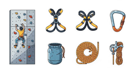 Vibrant illustration of rock climbing gear and a climber on a wall.の写真素材
