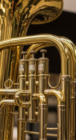 Detailed view of brass musical instruments, focusing on the valves and tubing of a trombone and...