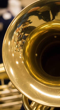 A detailed view of a shiny brass trombone bell reflecting light, captured during a musical...