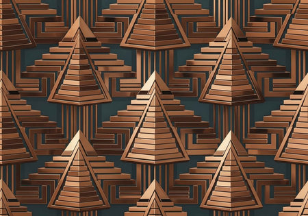 A repeating geometric pattern of copper-colored pyramids on a dark green background.