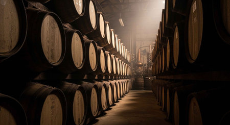 Symmetrical rows of wooden wine barrels in an aging cellar with soft lighting and a rustic atmosphere.の写真素材
