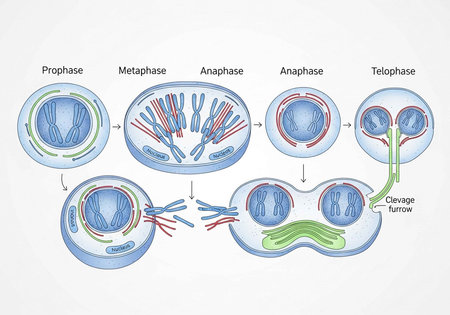 Detailed illustration of cell division showing prophase, metaphase, anaphase, and telophase stages.