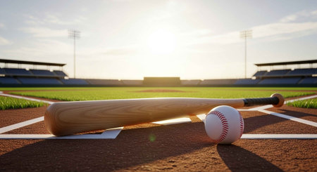 A wooden baseball bat and ball on home plate at a stadium during sunset.