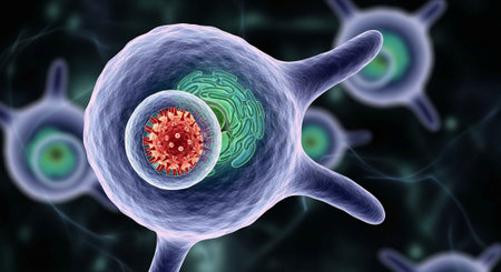 A close-up 3D rendering of a virus inside a cell, showing intricate details and vibrant colors.