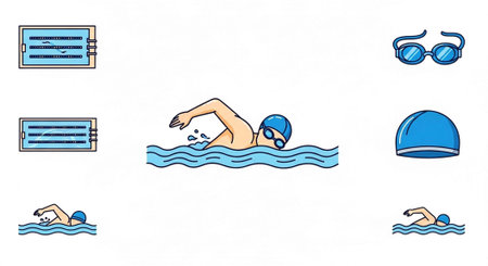 Line art of swimmers in a pool with swimming goggles, cap, and pool filters.の写真素材