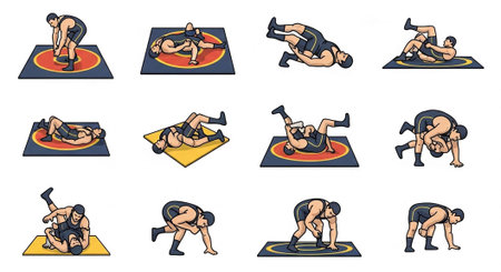 A series of wrestling techniques depicted in a colorful, cartoon style.
