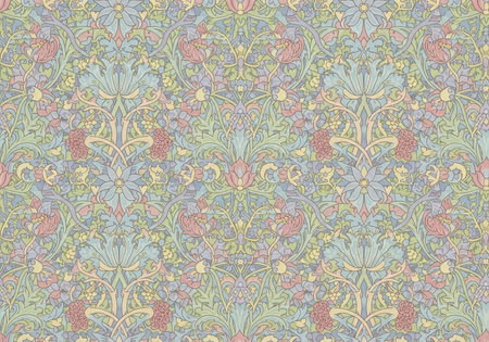 Detailed pastel floral design with green, blue, pink, and yellow hues on a light backdrop.