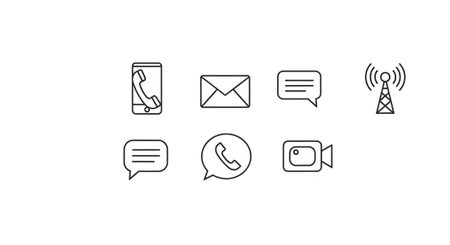 Black and white line art icons representing phone calls, messages, email, video calls, and wireless...