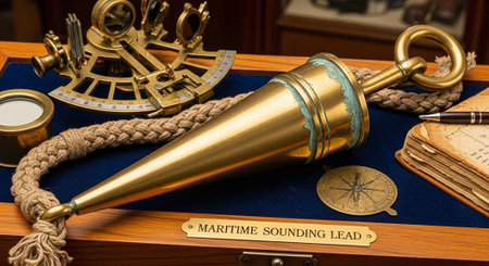 Antique brass maritime tools including a sounding lead, sextant, and compass on a wooden display...