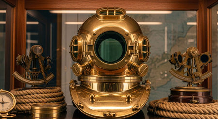 A vintage gold diving helmet displayed with nautical instruments and rope.の写真素材