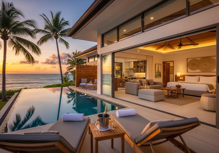 Modern beach house with open living space, infinity pool, and ocean view during sunset.