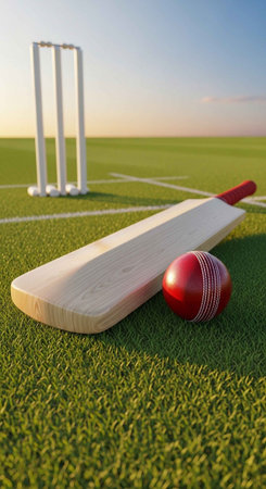 A red cricket ball and wooden bat on a green field near white wickets.の写真素材