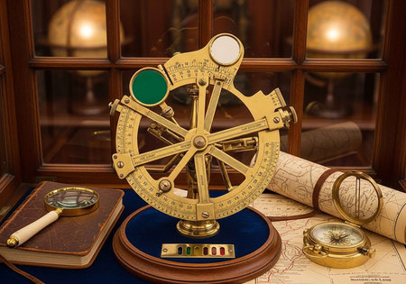 Vintage brass astrolabe, maps, compass, and magnifying glass on a wooden table with glass cabinet in background.の写真素材
