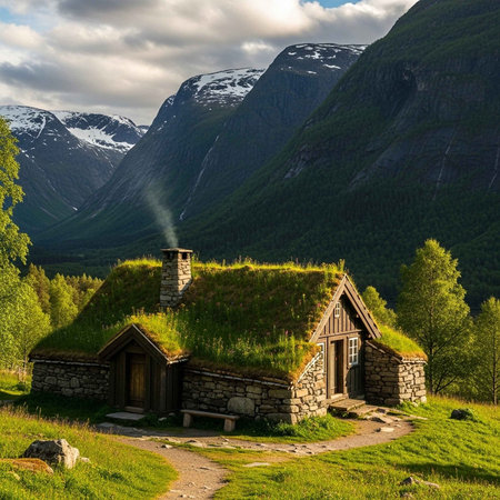Two stone cabins with grassy roofs nestled in a lush valley between mountains.の写真素材