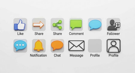 Collection of social media icons representing like, share, comment, notification, chat, message, and...