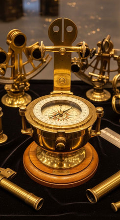 A collection of vintage brass navigational tools, including a compass, sextants, and a telescope,...