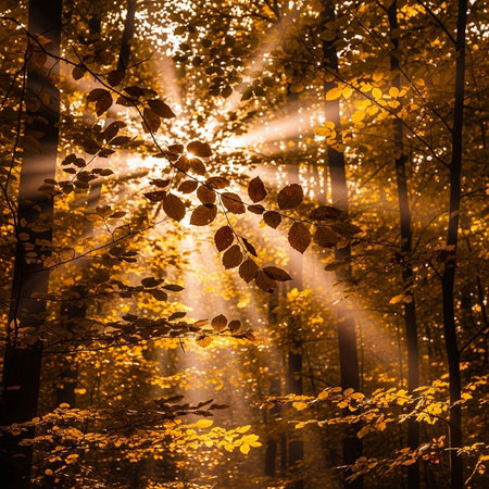 Sunlight filtering through trees in a golden autumn forest, illuminating fallen leaves and creating a serene, warm atmosphere.の写真素材