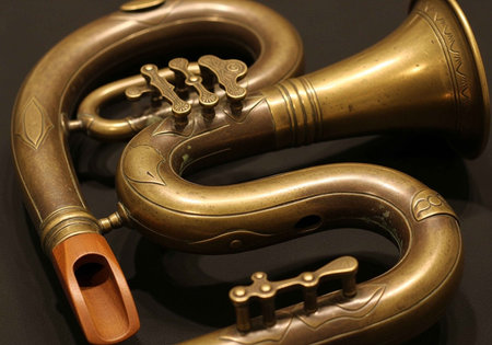 Close-up of two antique brass wind instruments with intricate engravings and keys.